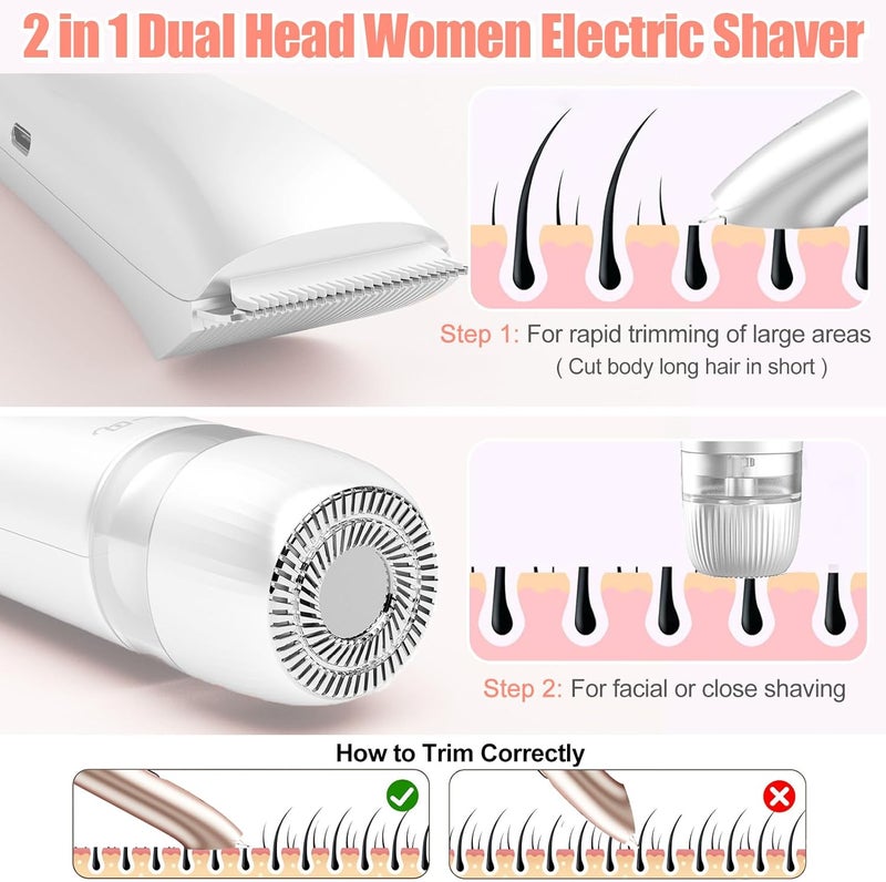 Aedicce Bikini Trimmer for Women 2 in 1, Dual Head Womens Electric Shaver, Electric Razors for Pubic Hair, IPX7 Waterproof Rechargeable Facial Hair Removal for Shaving Underarm Leg Arm Body Face, White - Image 2